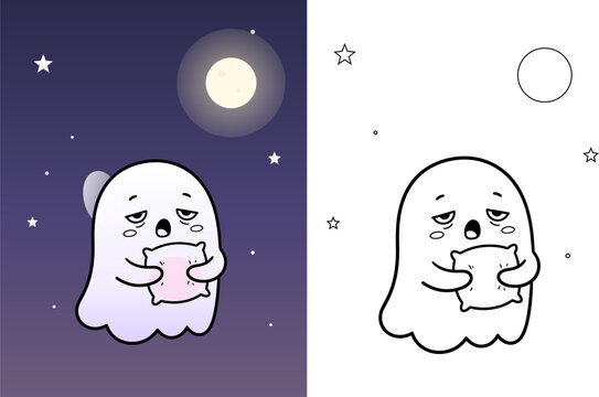 cute ghost holding mug in night sky with moon and stars