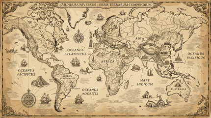 Obraz premium World map vintage engraving with landmarks, sepia atlas style, detailed line art illustration