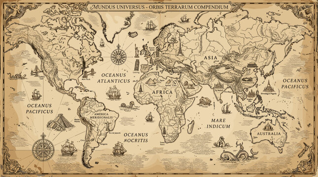 World map vintage engraving with landmarks, sepia atlas style, detailed line art illustration