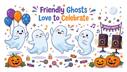Fototapeta premium Friendly ghosts love to celebrate halloween party illustration