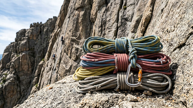 Coiled climbing ropes and carabiner rest on rock in front of sheer cliff face with climbers in distance