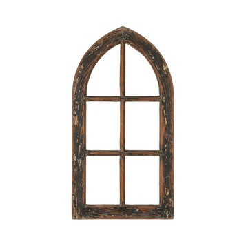 Antique arched wooden window frame with eight glass panes featuring weathered dark stained wood grain and peeling paint against a transparent studio background