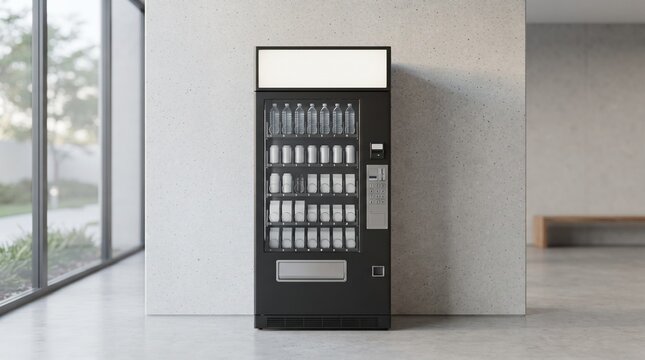 Modern vending machine mockup. Blank commercial snack dispenser in a bright office lobby.