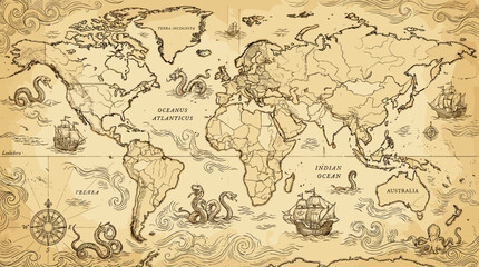 Fototapeta premium Vintage world map with waves and sea monsters, old parchment nautical engraving illustration