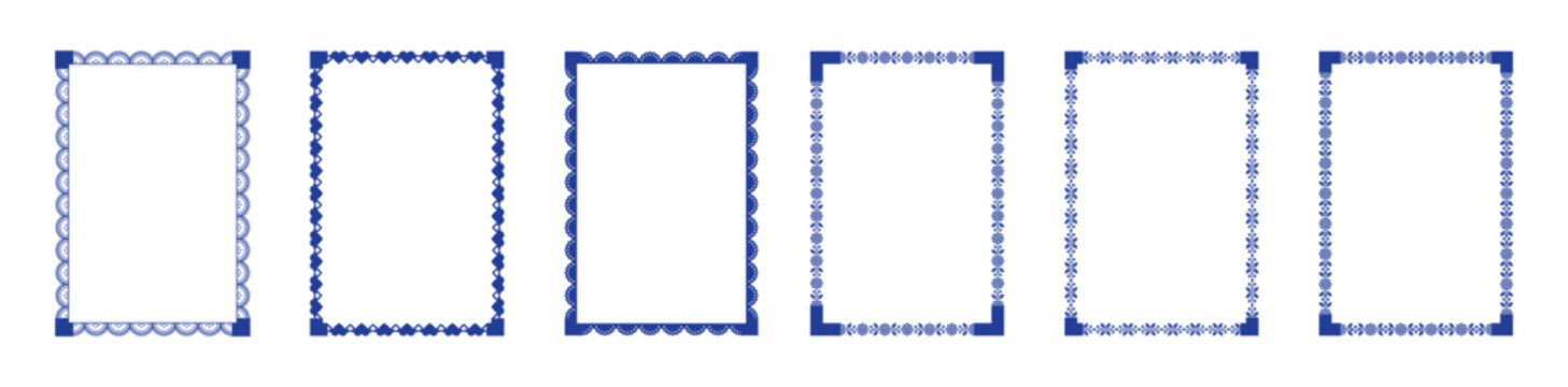 Set of six blue decorative rectangular frames with various ornate patterns