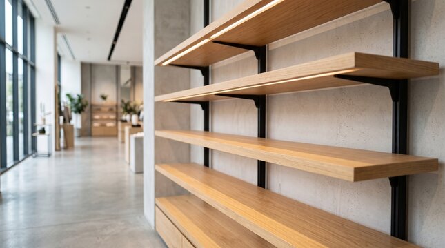 Empty wooden retail display shelves. Modern store interior with product shelving mockup.