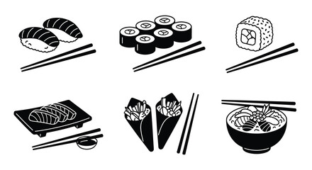 Sushi rolls and chopsticks black and white vector illustration set © Arif Hossain