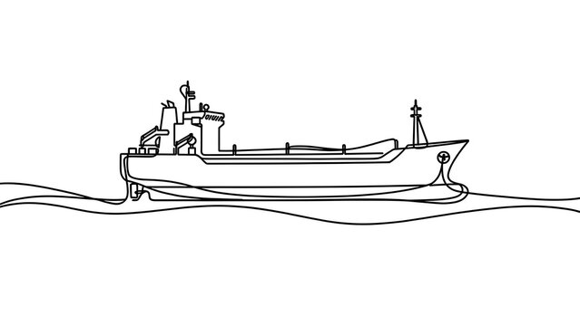 Cargo ship line drawing on white background.