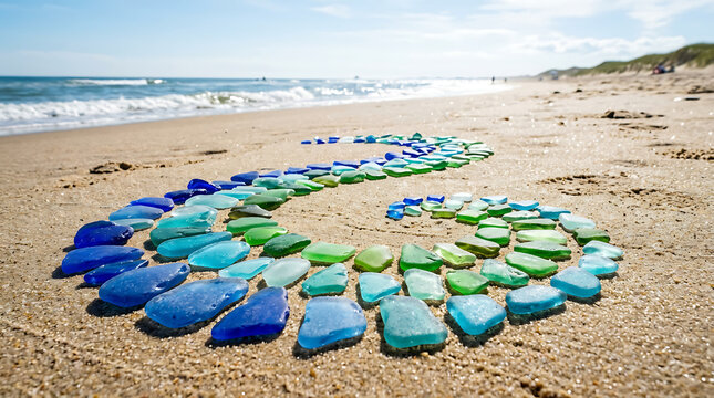 Curly blue and green sea glass shards arranged in a wave pattern on a sandy beach with the ocean in the background