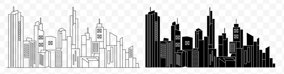 Obraz premium City skyline silhouettes, outline and solid black buildings set on a transparent checkered background