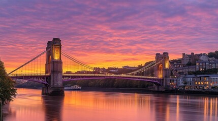 Fototapeta premium A stunning suspension bridge spans a river at sunrise, bathed in vibrant hues of orange and purple