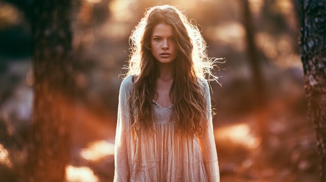 Ethereal Young Woman with Flowing Hair Standing in a Sunlit Forest Surrounded by Nature in a Dreamlike and Serene Atmosphere
