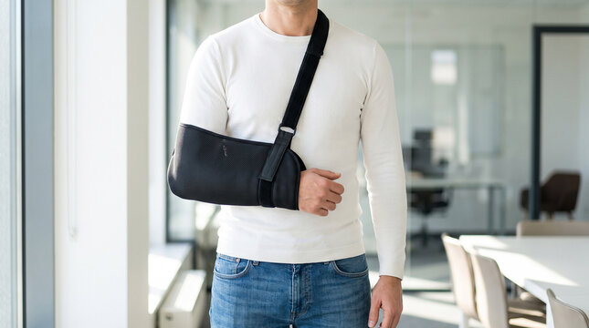 Man in arm sling brace stands in office, showing shoulder or arm injury recovery and medical support