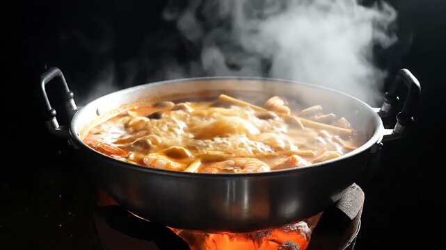 Steaming hot pot stew simmering on open flame