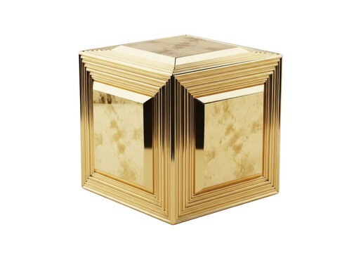 Golden cube with marble inlay isolated on transparent background for luxury design and decoration