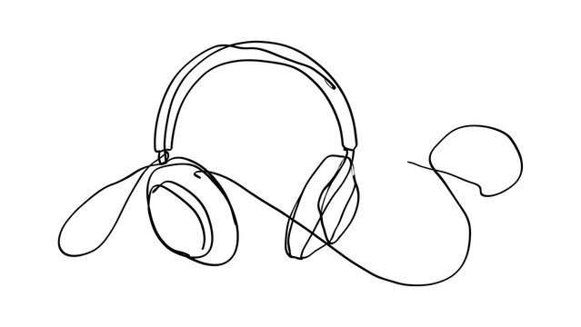 Minimalist headphones line art white background.