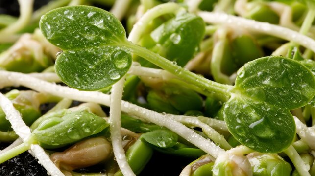 Fresh and Vibrant Sprouts with Dew Drops on a Black Surface, Showcasing Nature's Beauty and Nutritional Value for Healthy Eating Enthusiasts