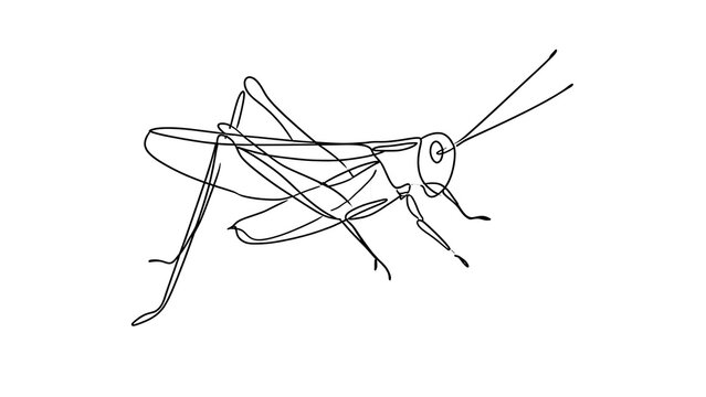 Line art grasshopper illustration white background.