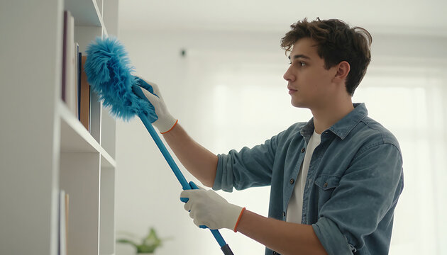 Young man wearing protective gloves cleaning bookshelf with blue feather duster in bright room with bookshelf inside brightly clean white bookshelf