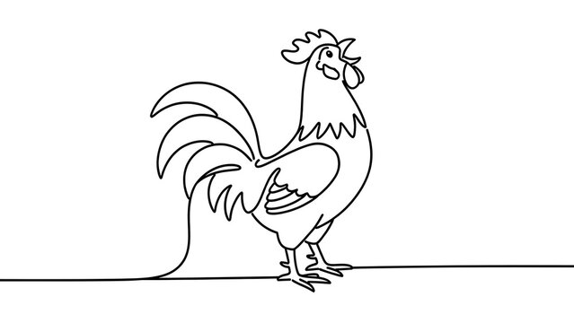 Minimalist rooster line art drawing white background.