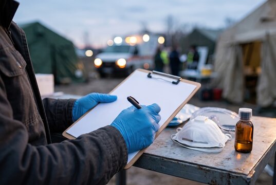 Healthcare worker in gloves writing on clipboard at outdoor emergency medical site