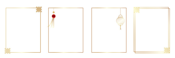Elegant Mid-Autumn Festival Frame Set with minimal Asian gold borders, lanterns, traditional knot elements with generous copy space. For invitations, greeting cards, posters, branding and social media © loli