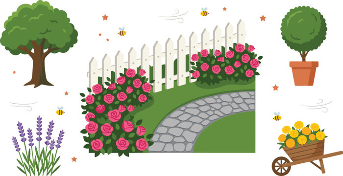 Garden Landscape Element Collection with Rose Bush White Fence Stone Path Trees Flowers and Nature Vector Illustration Set