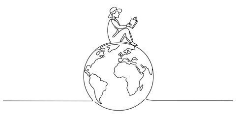Continuous line drawing of a person wearing a hat sitting on top of the world reading a book
