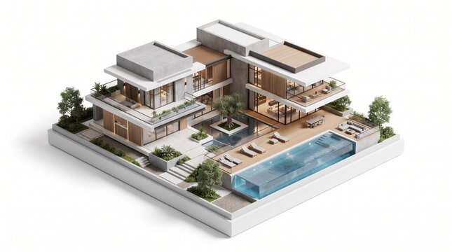 Isometric 3D render of a modern luxury villa with a swimming pool courtyard and outdoor patio isolated on white