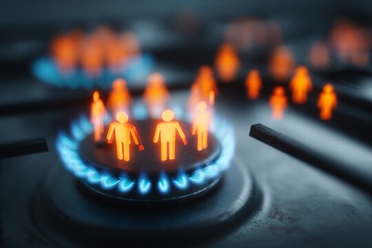 Inflation&acirc;&euro;&trade;s flame: the real cost of natural gas hikes. Digital interaction icon. Gas price rise visualized: tilted arrow and blue flame project inflation. Social connection idea.
