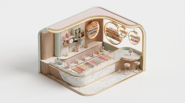 3D isometric rendering of a modern and luxurious ice cream shop interior design in pastel colors