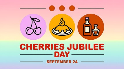 Fototapeta premium Cherries jubilee day event banner with flaming dessert illustration and beverage icons cherries beverage template