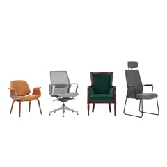 Fototapeta premium Four office chairs in a row featuring wood, mesh, velvet, and fabric textures on a white studio background, showcasing a professional furniture design aesthetic