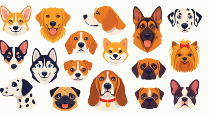 Obraz premium Dog faces and puppy avatars vector illustration set, cute domestic pet muzzle icons collection with German Shepherd, Husky, Golden Retriever, and Dalmatian isolated on white background