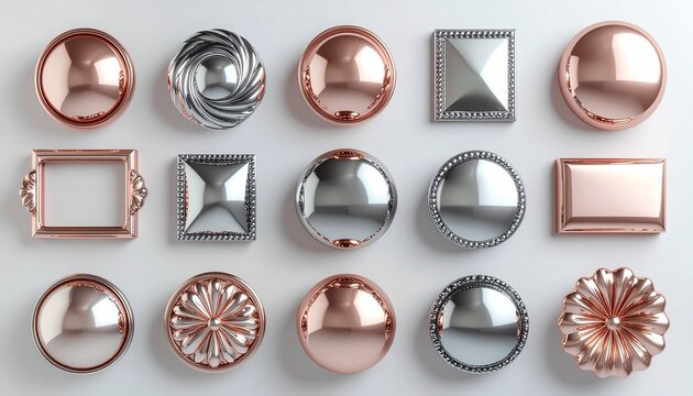 Metallic rose gold button and frame set on white background 高級感あふれるローズゴールドのボタンパーツ