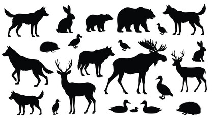 Forest and woodland wildlife black silhouettes vector set, wild animals and birds stencil collection with wolves deer moose bear and ducks isolated on white background © SOHAG