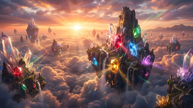 Fantasy floating islands with glowing crystals, magical mountain landscape above clouds at sunset, ethereal crystal kingdom in a dreamlike sky