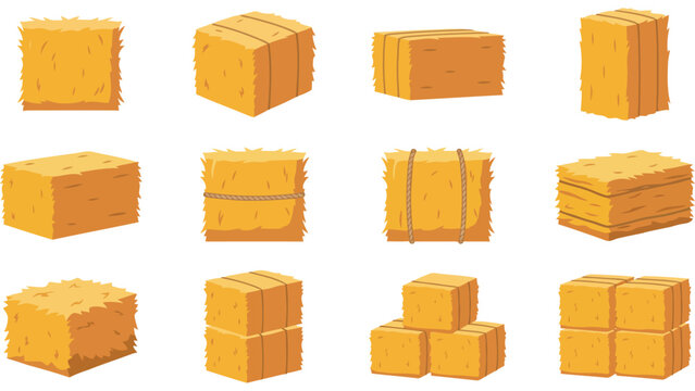 Hay bales vector set. Collection of dry straw blocks for farm and autumn harvest design.