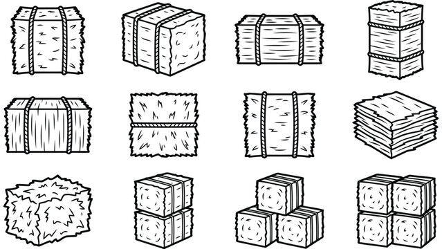 Hay bale vector icons set. Farm straw bundles for agricultural harvest design elements.