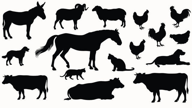 Farm animals black silhouettes vector set, domestic livestock and pets icon collection with horse, cows, sheep, donkey, dogs, cats, and chickens isolated on white background