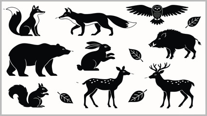 Obraz premium Forest wildlife black silhouettes vector icons set, woodland animals stencil collection with deer fox bear owl and wild boar isolated on white background