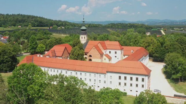 Aerial view of Cistercian monastery in town of Kostanjevica na Krki, Slovenia, Europe