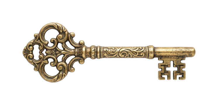 Ornate golden key png Vintage skeleton key cutout Antique brass key png Decorative metal key cutout Intricate old key png Classic gold key isolated transparent background image