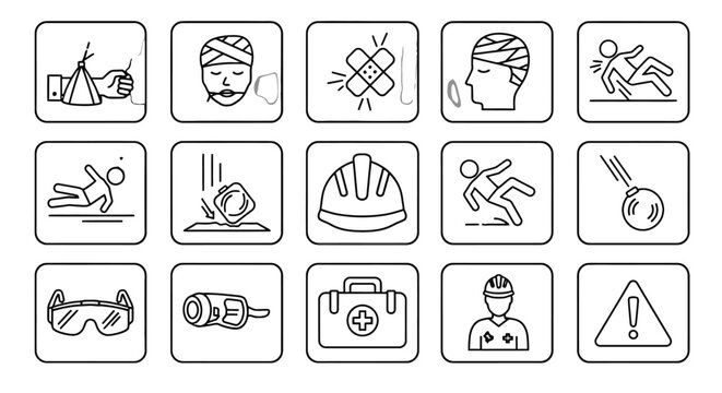 A collection of line art icons depicting various industrial safety, first aid, and hazard warnings, including falling objects, personal protective equipment, and injury symbols.