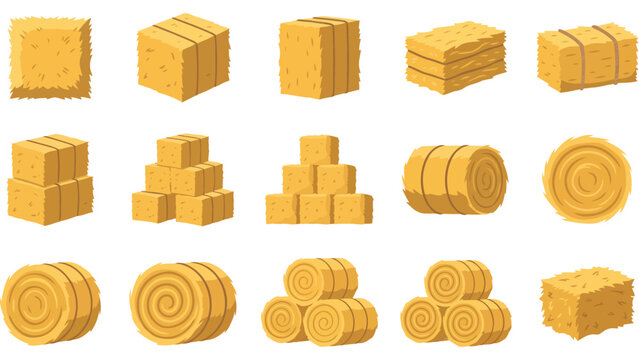 Hay bale vector set. Collection of farm straw bundles and agricultural harvest icons.
