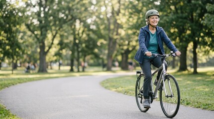 Fototapeta premium Active senior woman cycling on park path