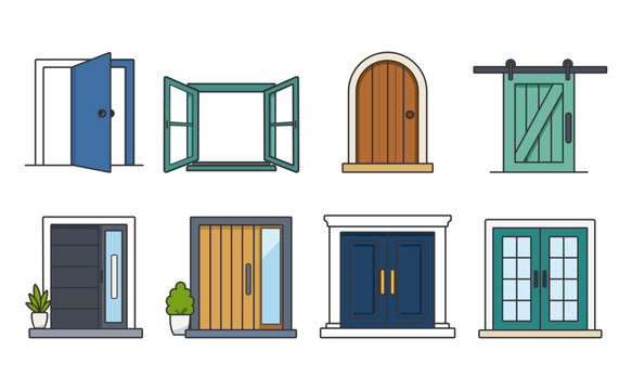 Architectural Door and Window Collection for Home and Building Flat Vector Illustration