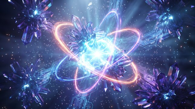 Futuristic atom model with glowing purple crystals, cosmic energy core with orbital light rings, abstract quantum physics and science concept