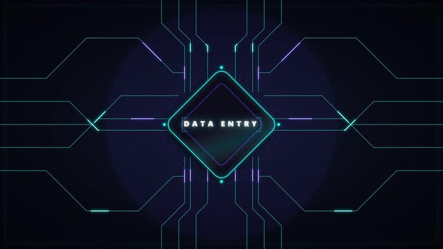 Data entry digital interface animation with glowing circuitry and futuristic tech