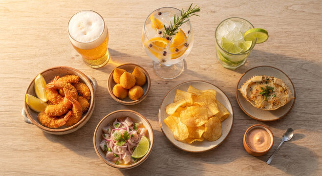 A spread of assorted beach snacks&mdash;including breaded shrimp, ceviche, and potato chips&mdash;accompanied by refreshing drinks at sunset.